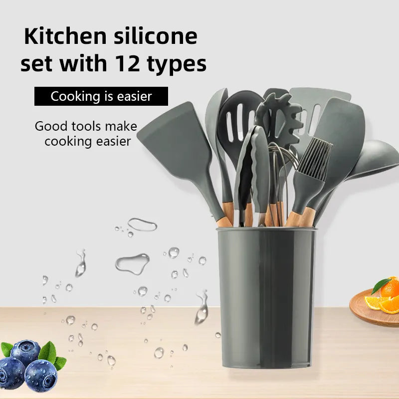 12-Piece Silicone Wood Kitchen Utensil Set with Storage