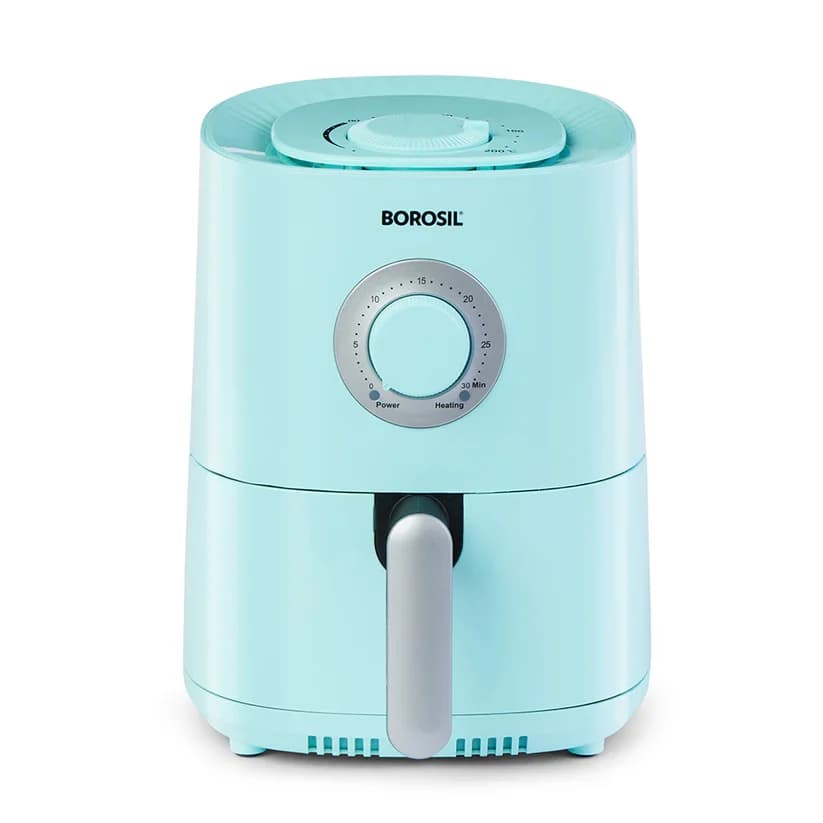 Borosil 1.2L blue smart air fryer hero shot against a modern elegant backdrop
