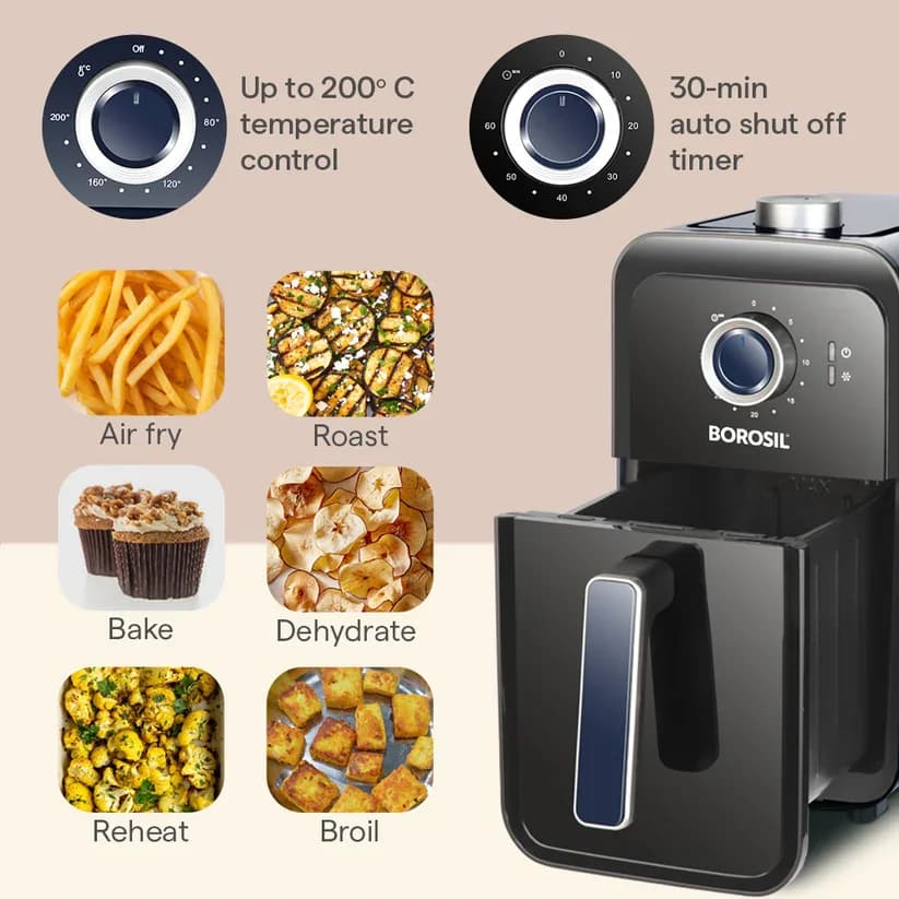 Borosil compact air fryer beautifully styled on a modern kitchen countertop