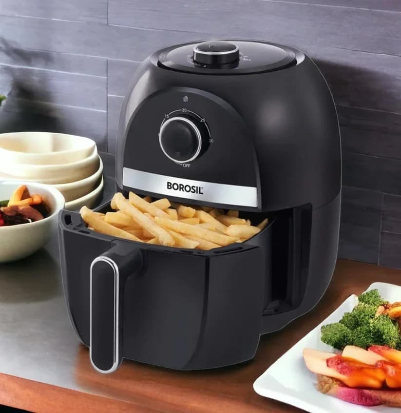 Borosil Air Fryer preparing a healthy roasted meal in a modern kitchen setting