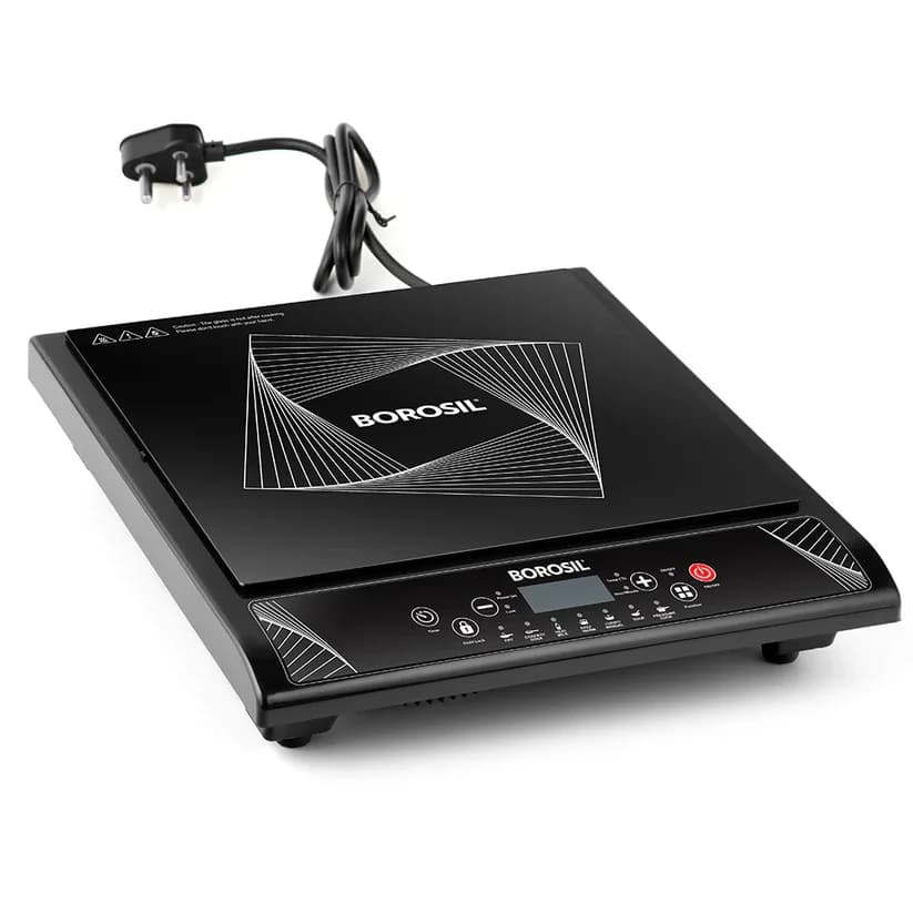 Borosil SmartKook 1200W induction cooktop hero shot featuring sleek black glass