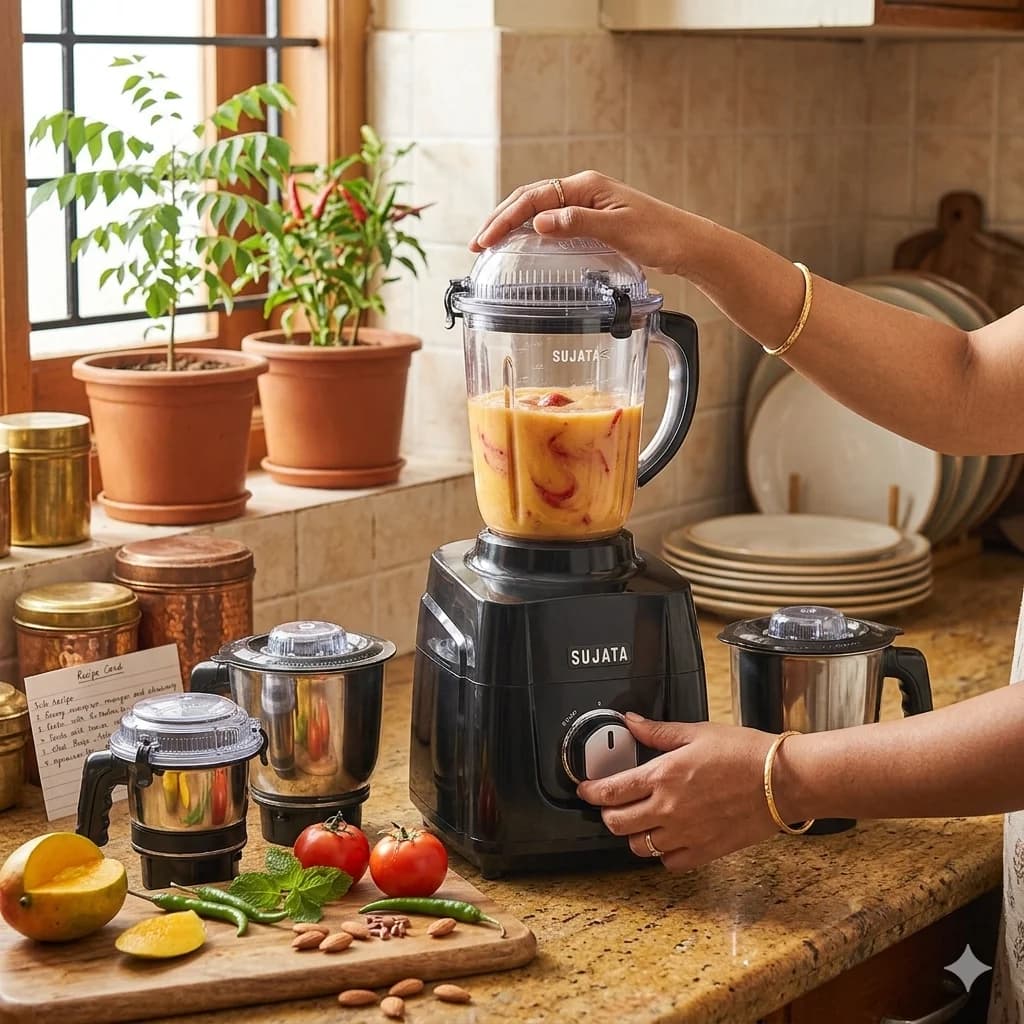 Sujata MG03 styled elegantly on a modern kitchen countertop preparing fresh ingredients