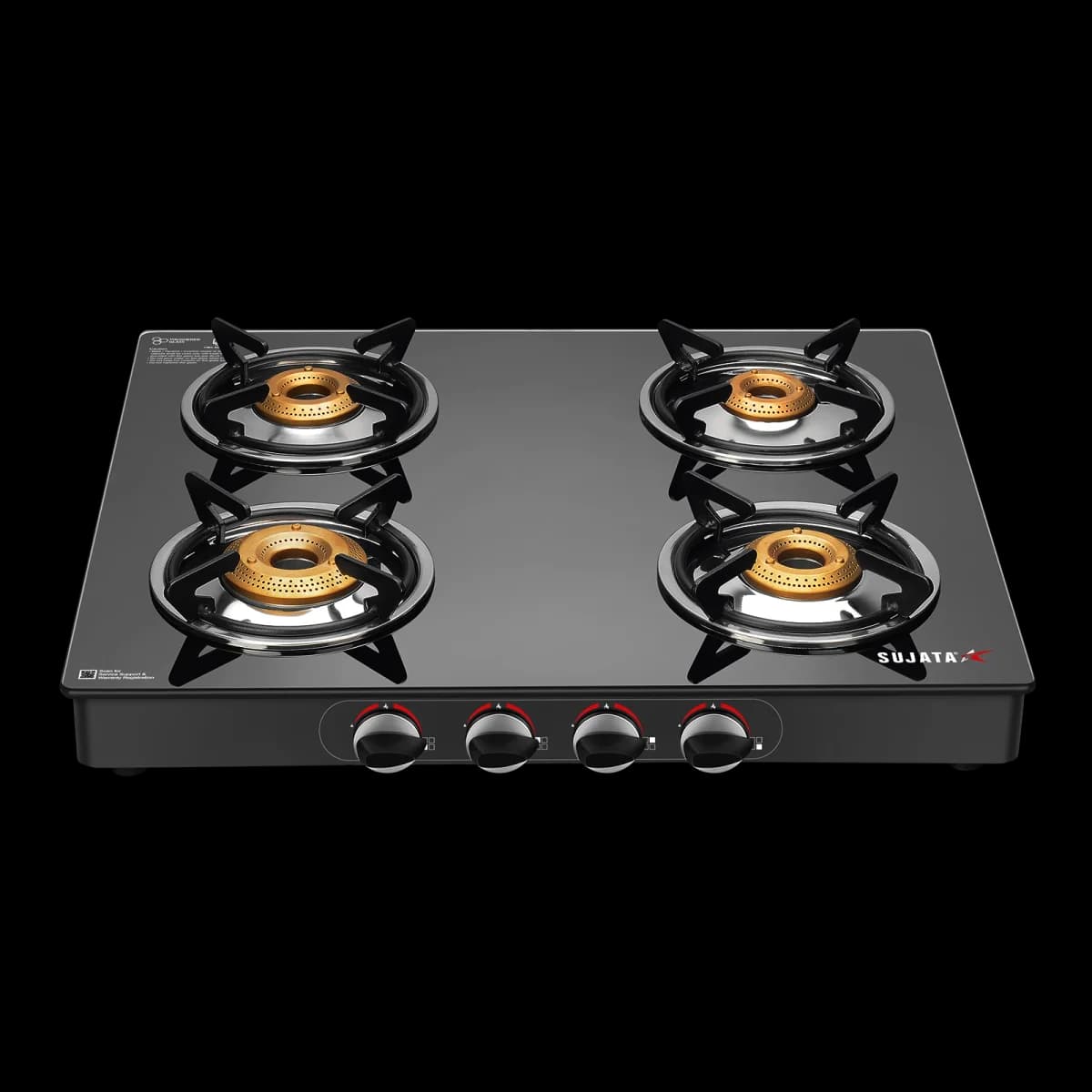 Sujata 4-burner manual ignition glass cooktop hero shot showing sleek black surface