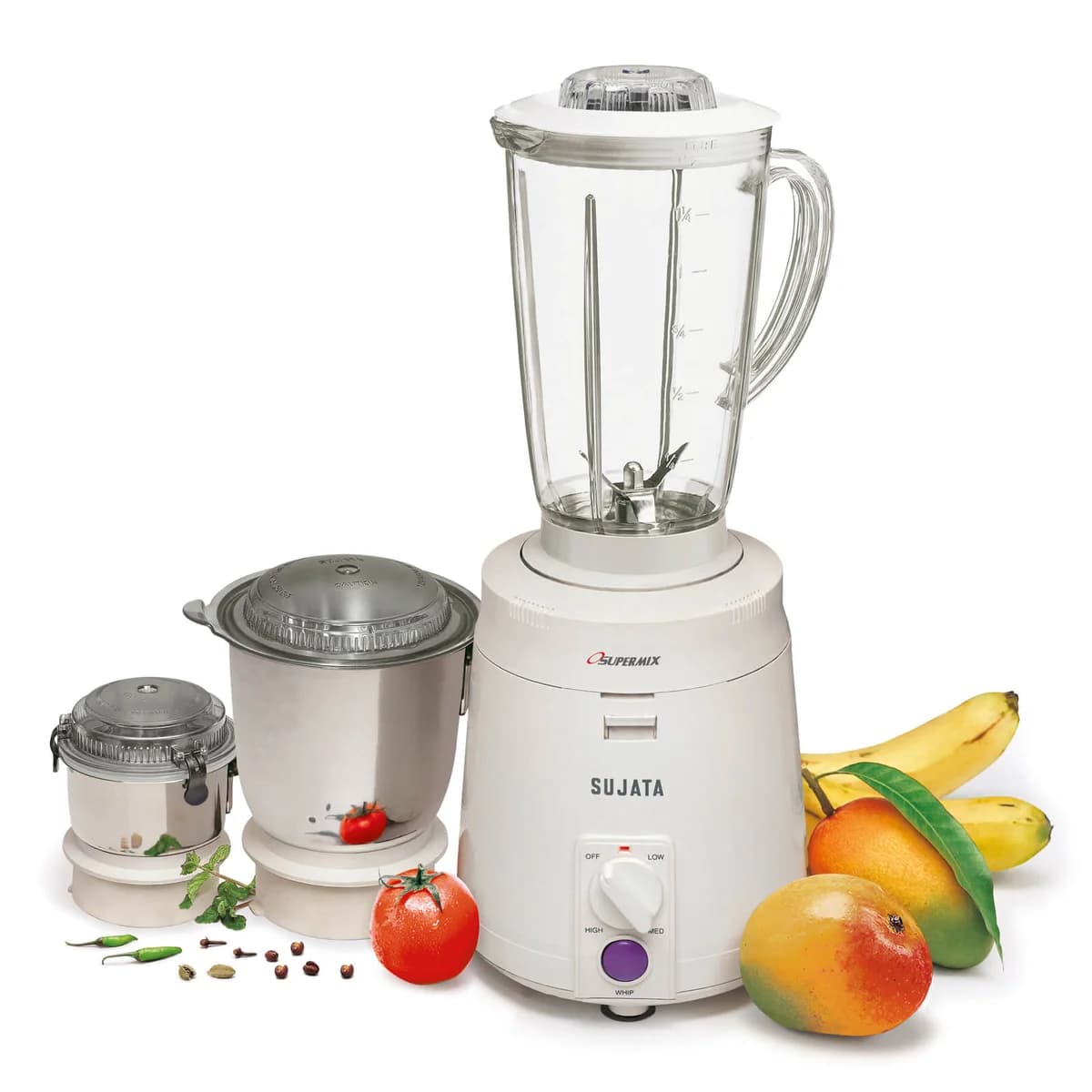 Sujata Supermix 900W mixer grinder in pristine white against a modern charcoal kitchen background