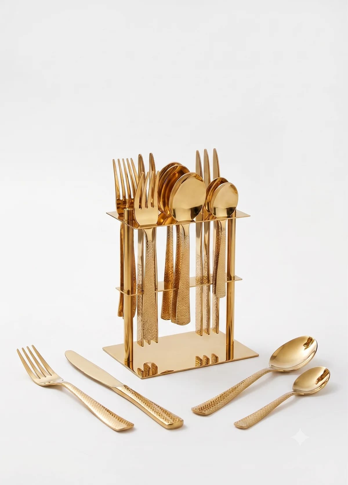 Vip Unique 25-Piece PVD gold cutlery set on white background